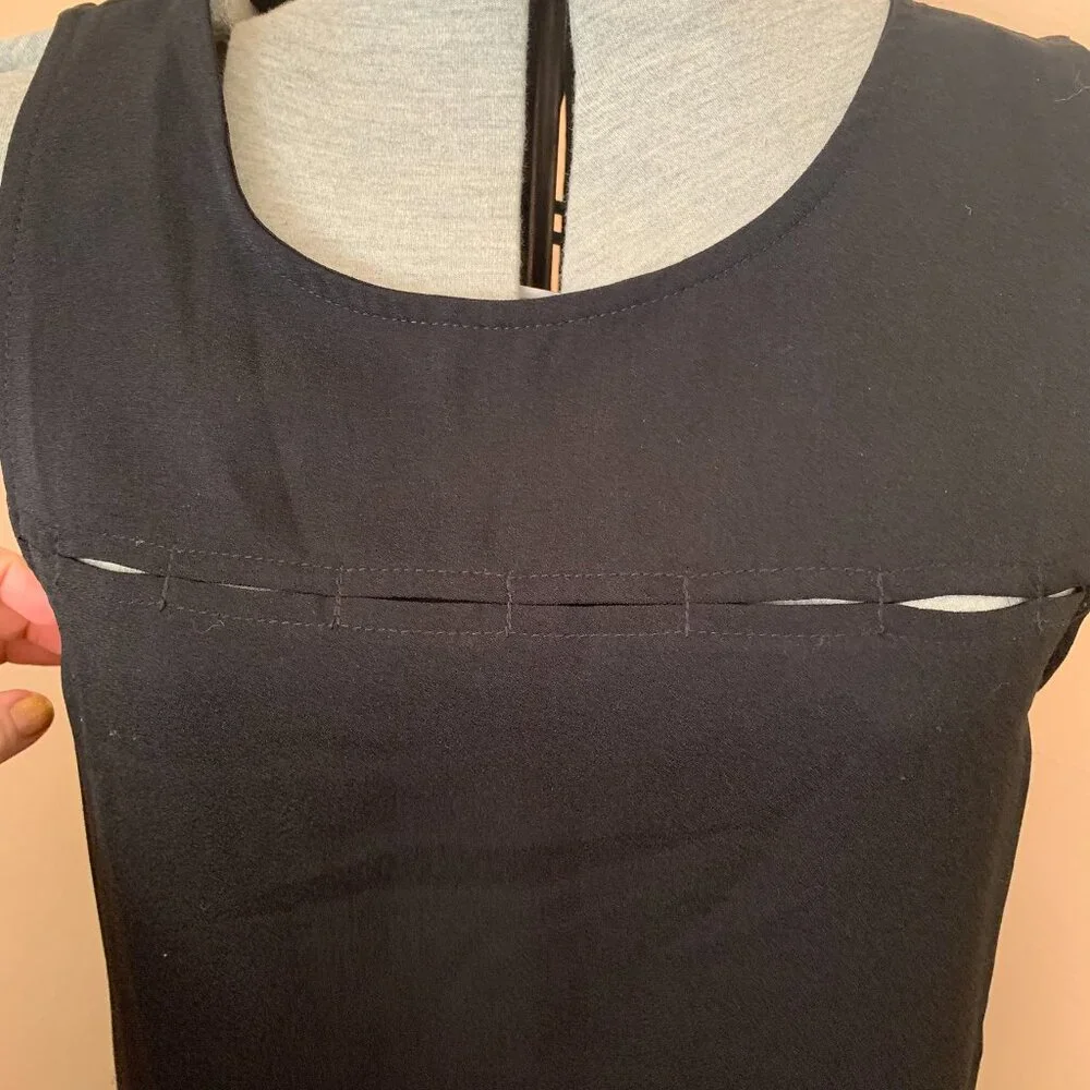 Black Swing Dress Sz M Mini Lined Side Pockets Neckline Slits LBD Classy Minimal - Picture 2 of 7